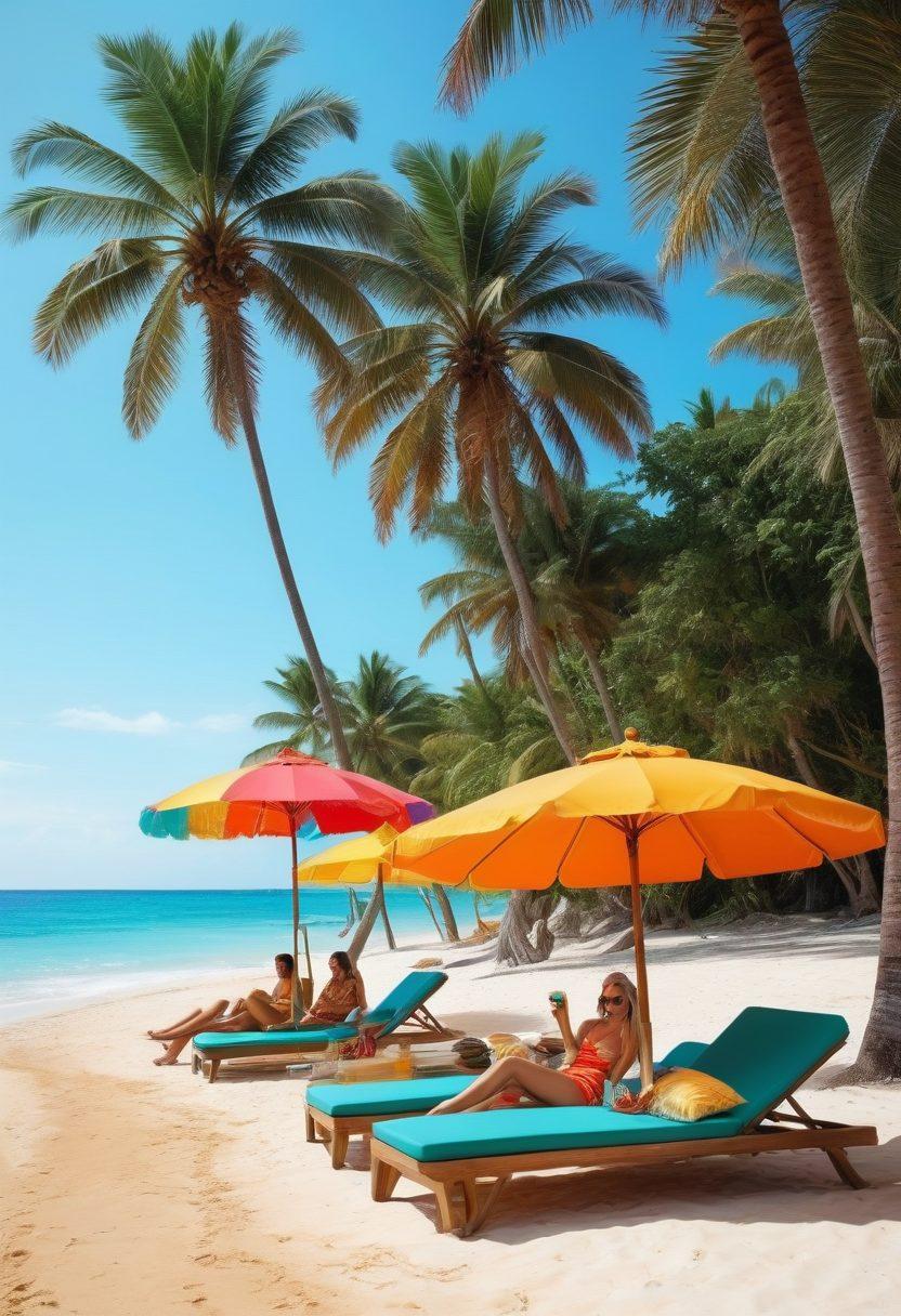 A stylish beach scene featuring a diverse group of fashionable individuals in trendy beachwear, lounging on sunbeds with colorful umbrellas, enjoying sweet treats like ice cream and tropical drinks. The backdrop showcases a golden sandy beach and azure waves, with palm trees swaying gently in the breeze, exuding a chic and relaxed vacation vibe. Bright and playful colors to evoke a summer feel. vibrant colors. super-realistic.