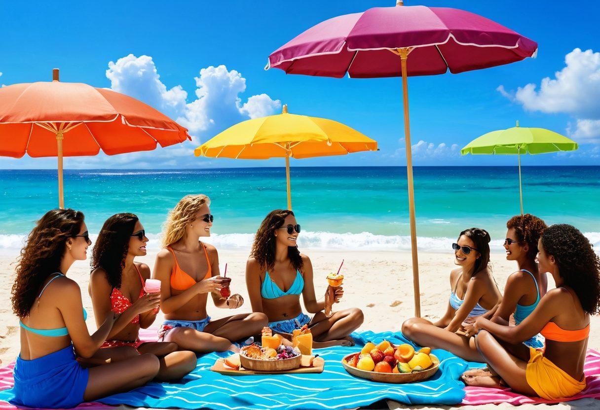 A sunny beach scene featuring vibrant beachwear fashions on colorful umbrellas and towels. Include a diverse group of friends enjoying fresh summer treats like ice cream and fruit platters, with waves gently crashing in the background. Create a cheerful, relaxed atmosphere with a bright blue sky and fluffy clouds. Use warm, vivid colors to evoke a sense of joy and fun. super-realistic. vibrant colors. 3D.